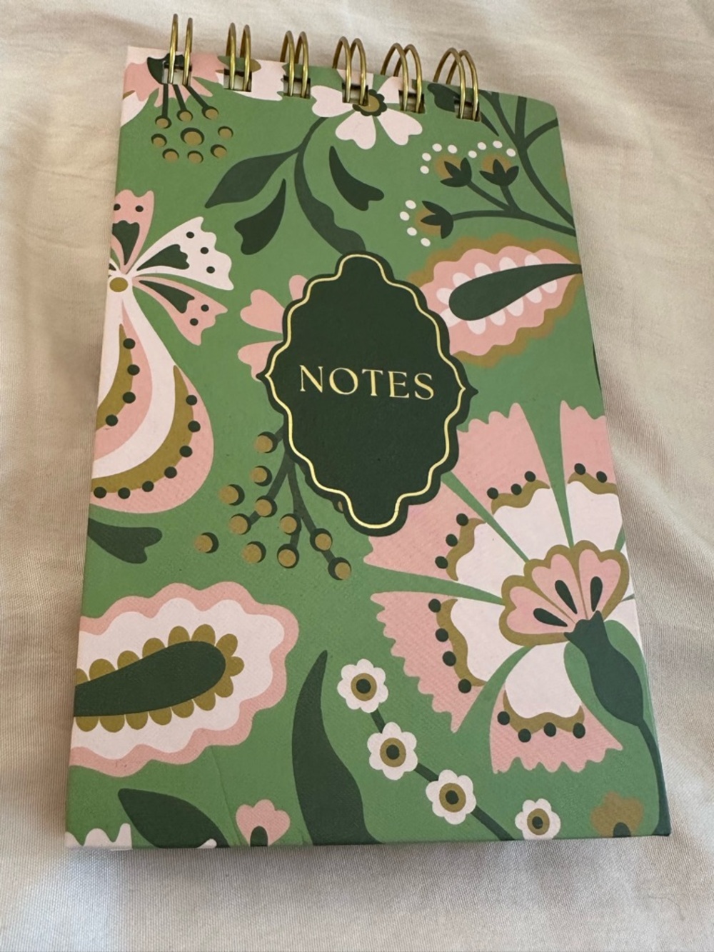 Green & Pink Floral Spiral Notepad with Striped Gold and White Pen